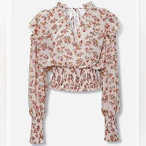 Forever 21 Cream Wildflower Neck Tie Smocked Cropped Long Sleeve Top NWT vintage